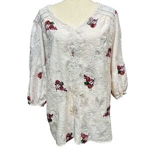 Kindred Floral 3/4 Sleeve Pink Top 2X Lace Feminine Paisley Valentine Embroidery